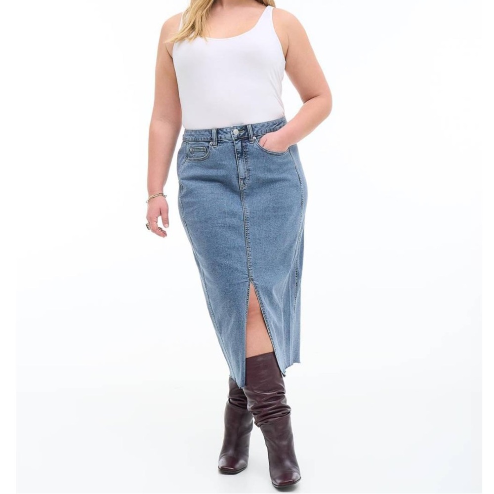 Addition Elle Blue Denim Midi Skirt with Front Slit